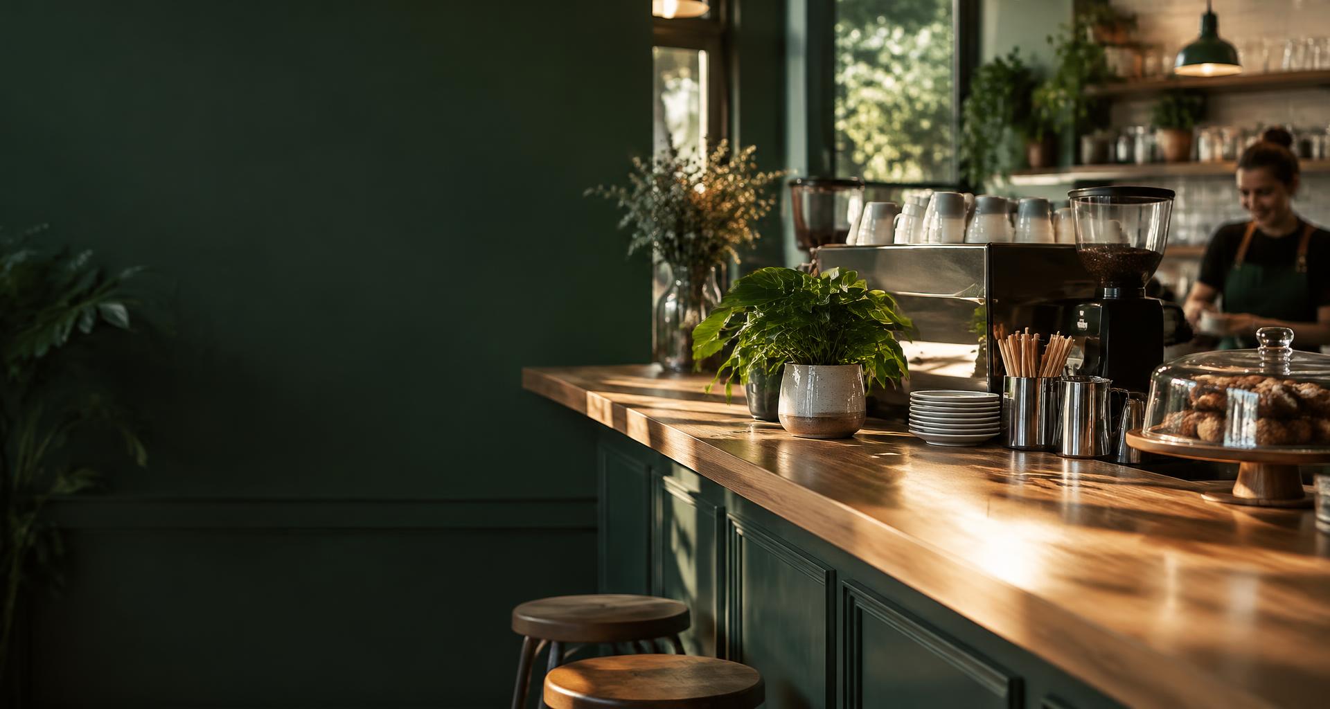 The counter of a welcoming local coffee shop